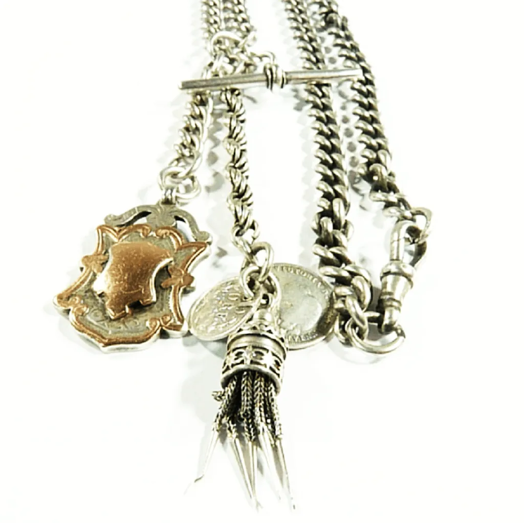Victorian Hallmarked Sterling Silver Necklace 18" Long With T Bar Shield & Tassel Fob