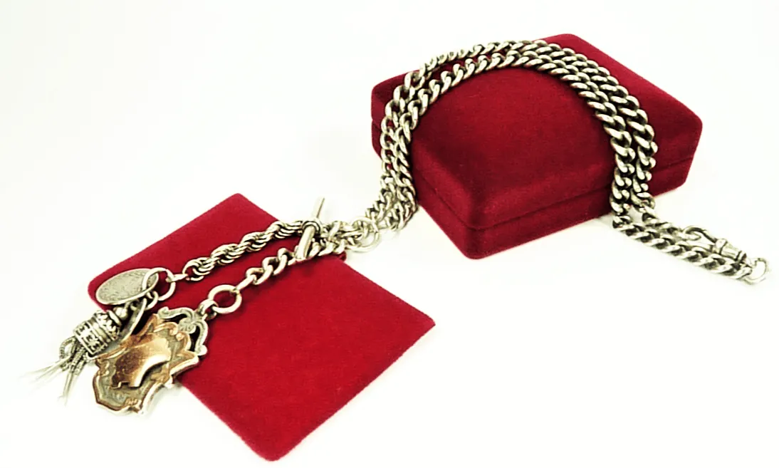 Victorian Hallmarked Sterling Silver Necklace 18" Long With T Bar Shield & Tassel Fob