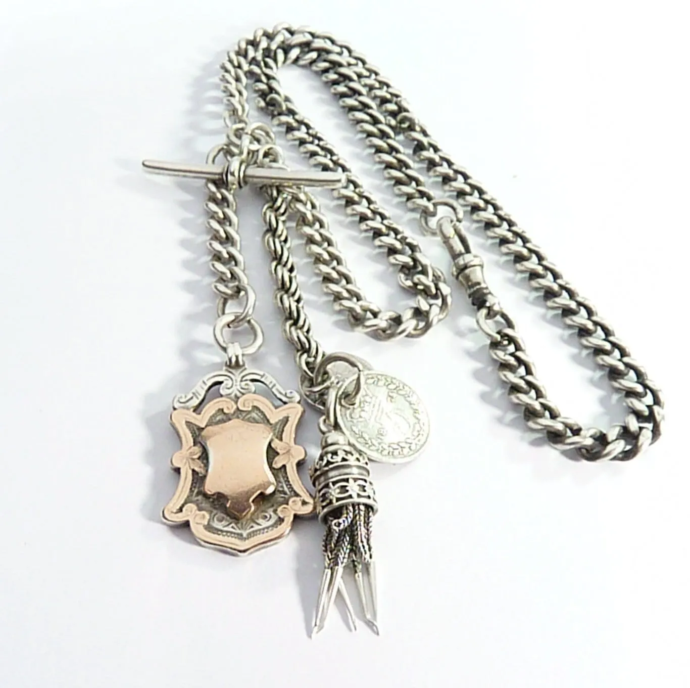 Victorian Hallmarked Sterling Silver Necklace 18" Long With T Bar Shield & Tassel Fob
