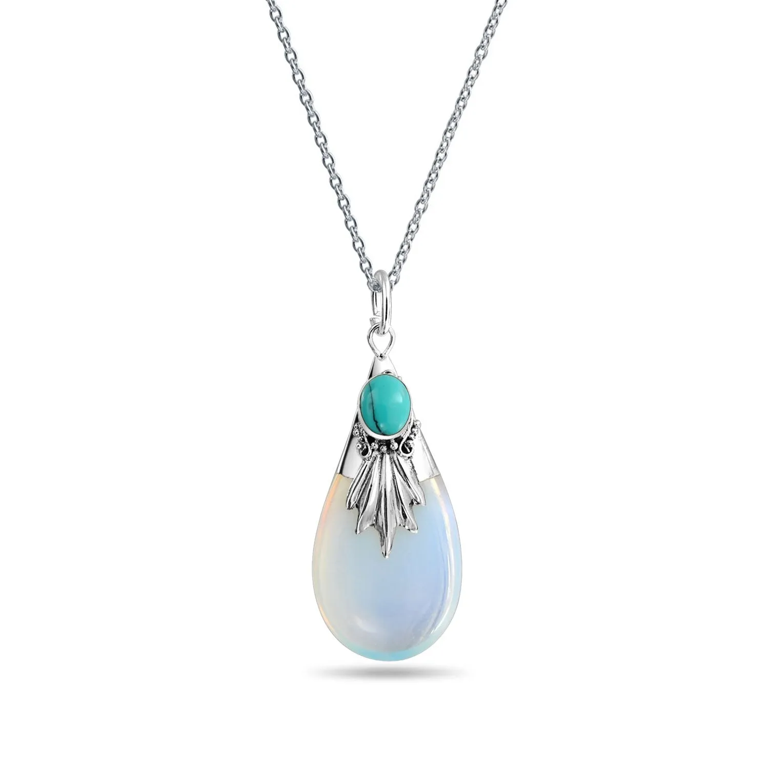 Western Jewelry Tribal Blue Turquoise Opalite Teardrop Pendant Necklace Silver