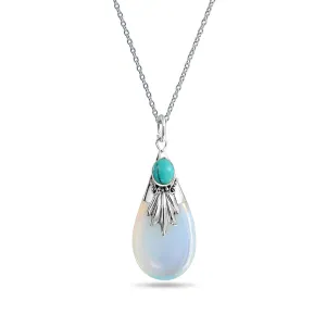 Western Jewelry Tribal Blue Turquoise Opalite Teardrop Pendant Necklace Silver