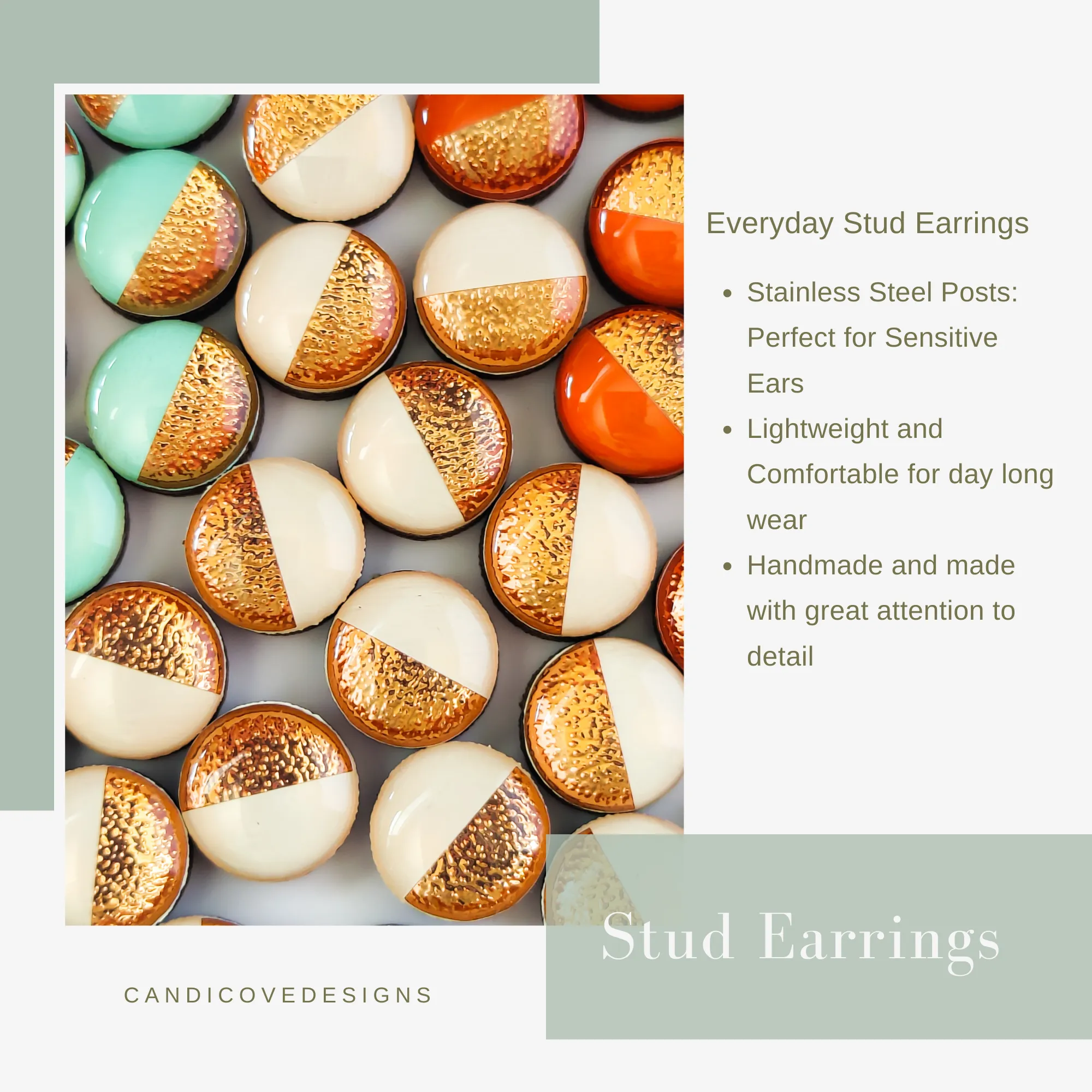 White and Gold Faux Hammered Metal Stud Earrings by Candi Cove Designs