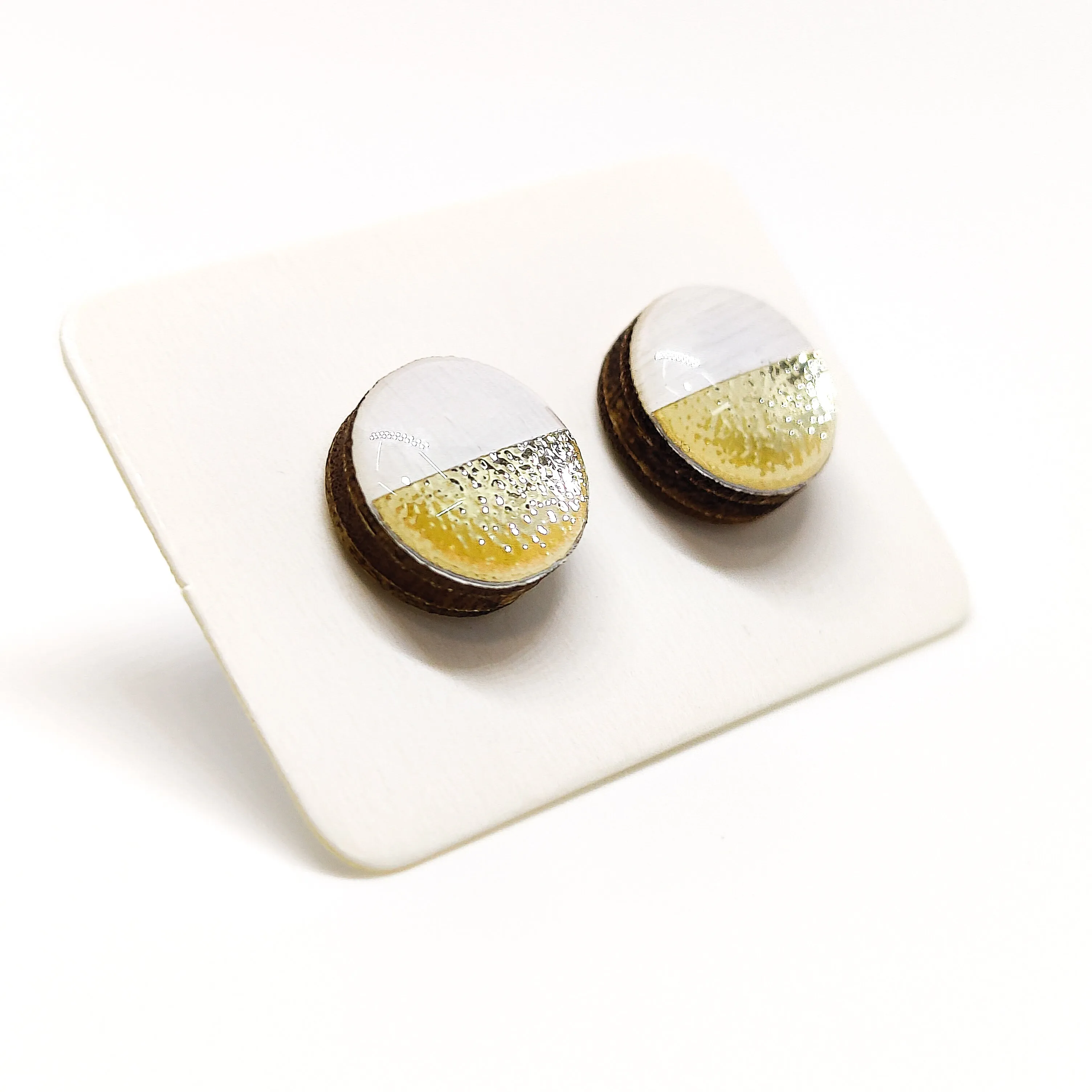 White and Gold Faux Hammered Metal Stud Earrings by Candi Cove Designs