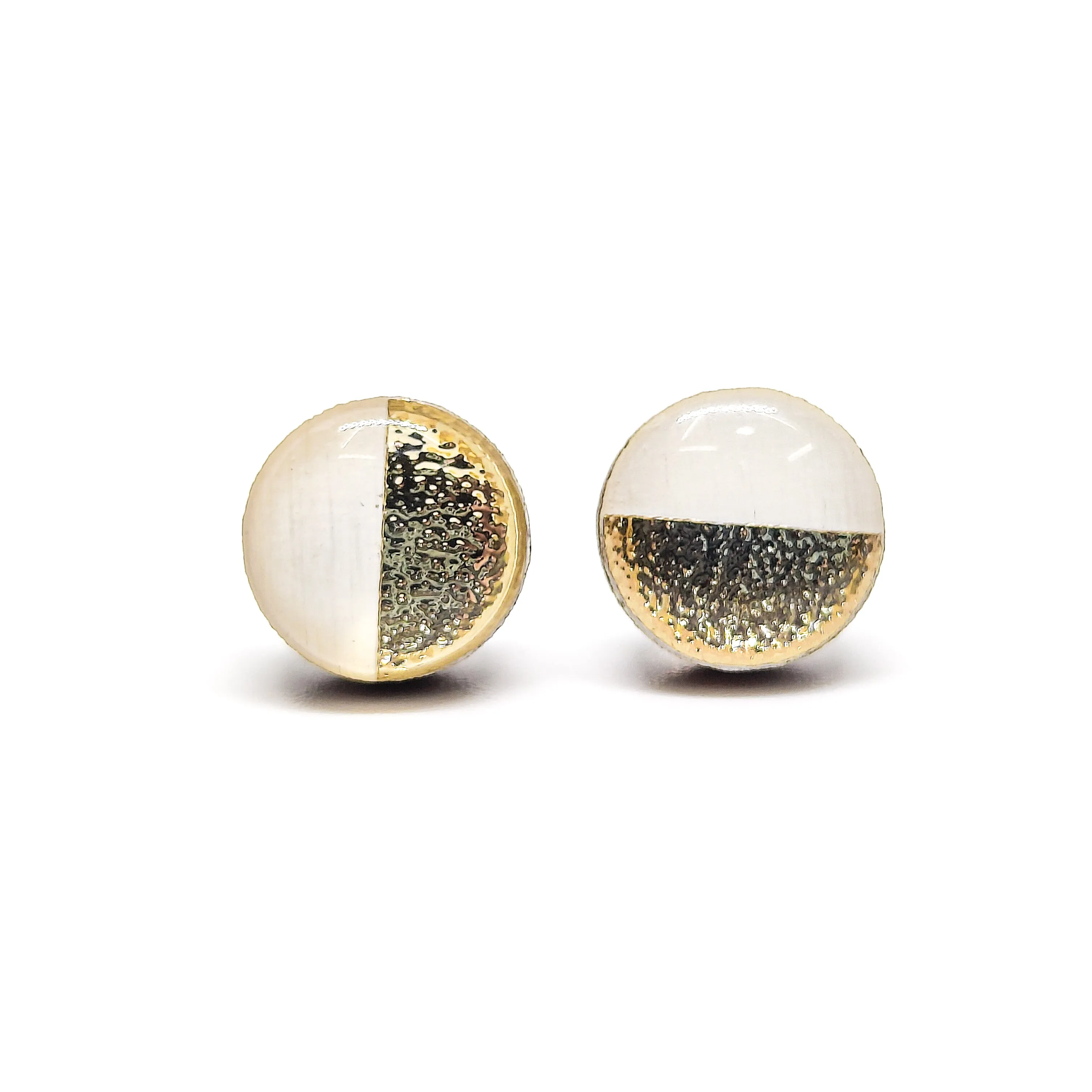White and Gold Faux Hammered Metal Stud Earrings by Candi Cove Designs
