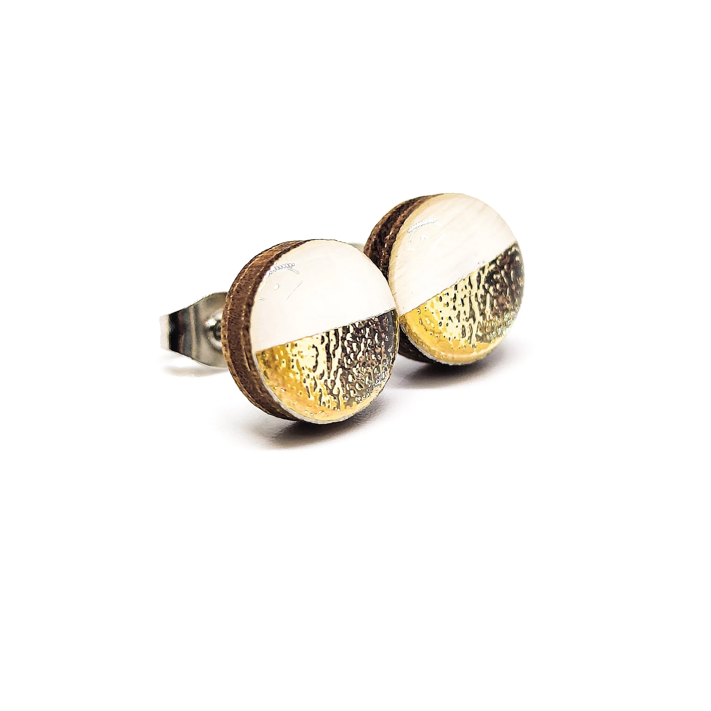 White and Gold Faux Hammered Metal Stud Earrings by Candi Cove Designs