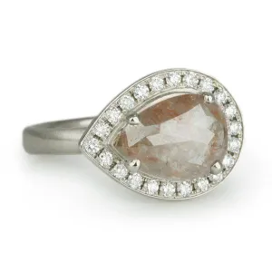 White Gold Pear-Shaped Cognac Diamond Ring with Pave Diamond Halo